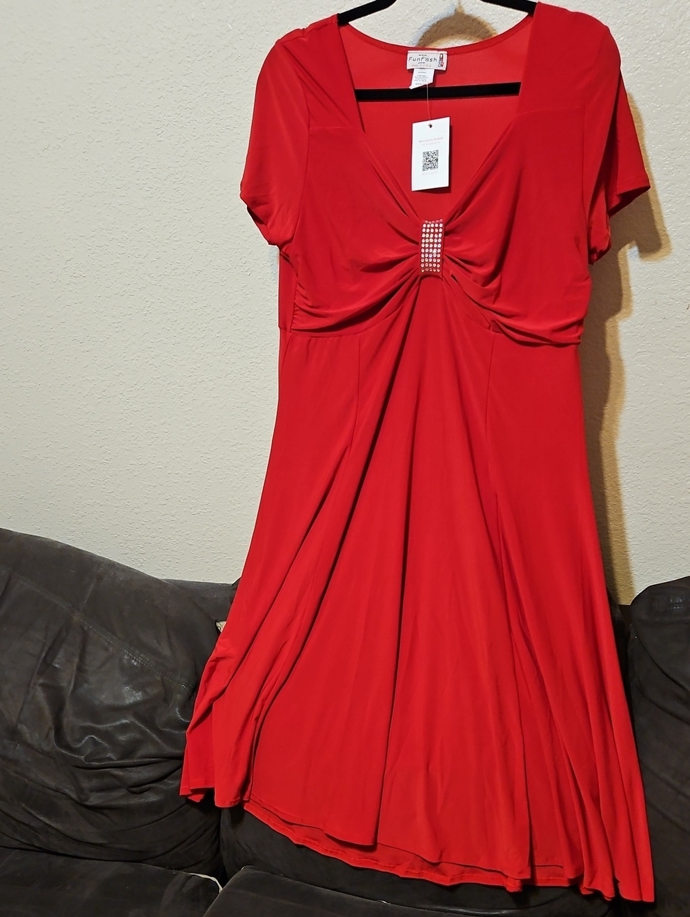 FunFash Bright Red Midi Dress with Rhinestone Accent
